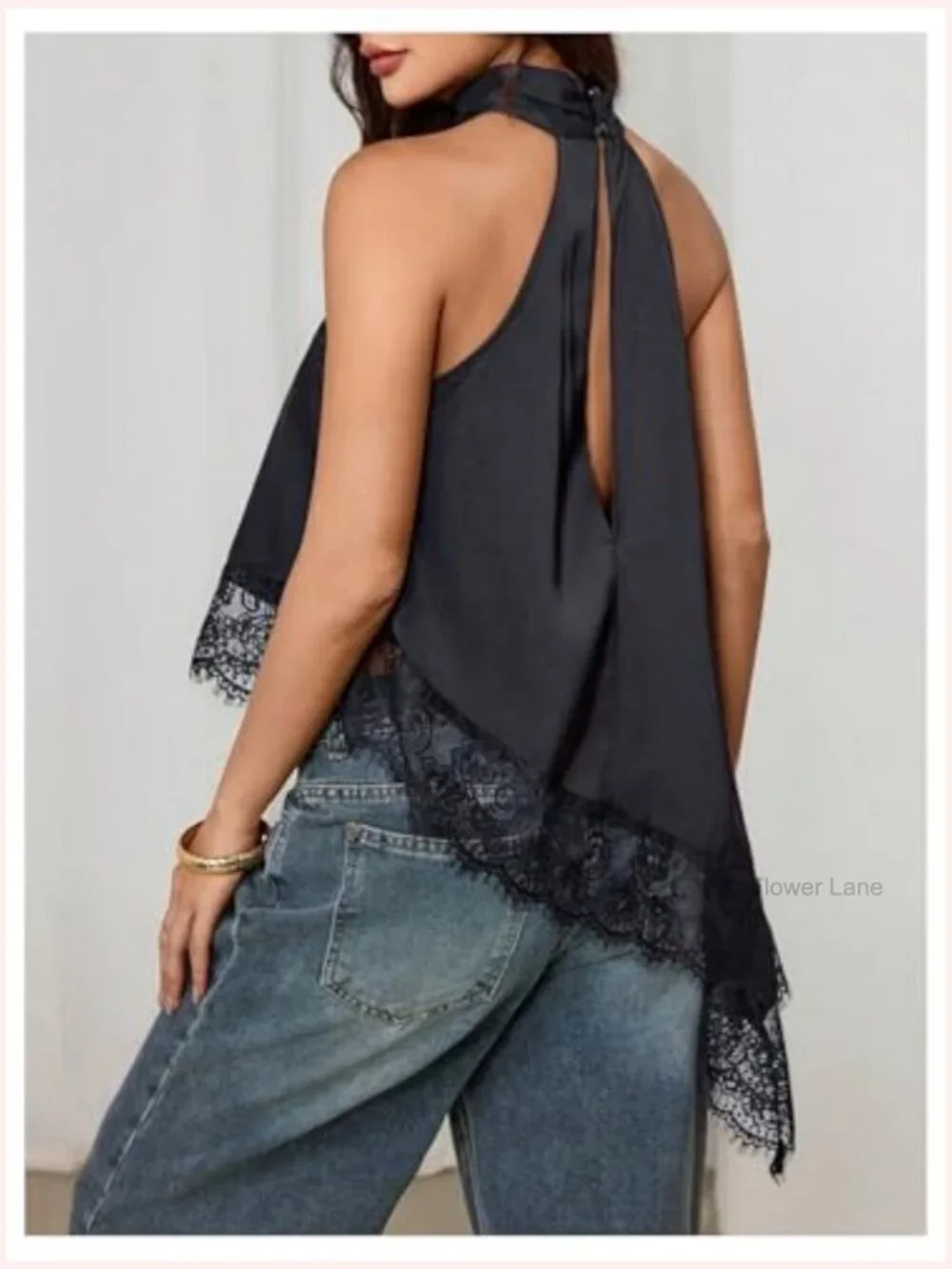Halter Neck Lace Trim Sleeveless Asymmetrical Hem Flowy Blouse Top